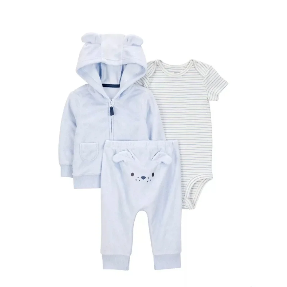 Carters Baby Boy 3-Piece Hoodie Light Blue Bodysuit and Pants Set Blue 9M New